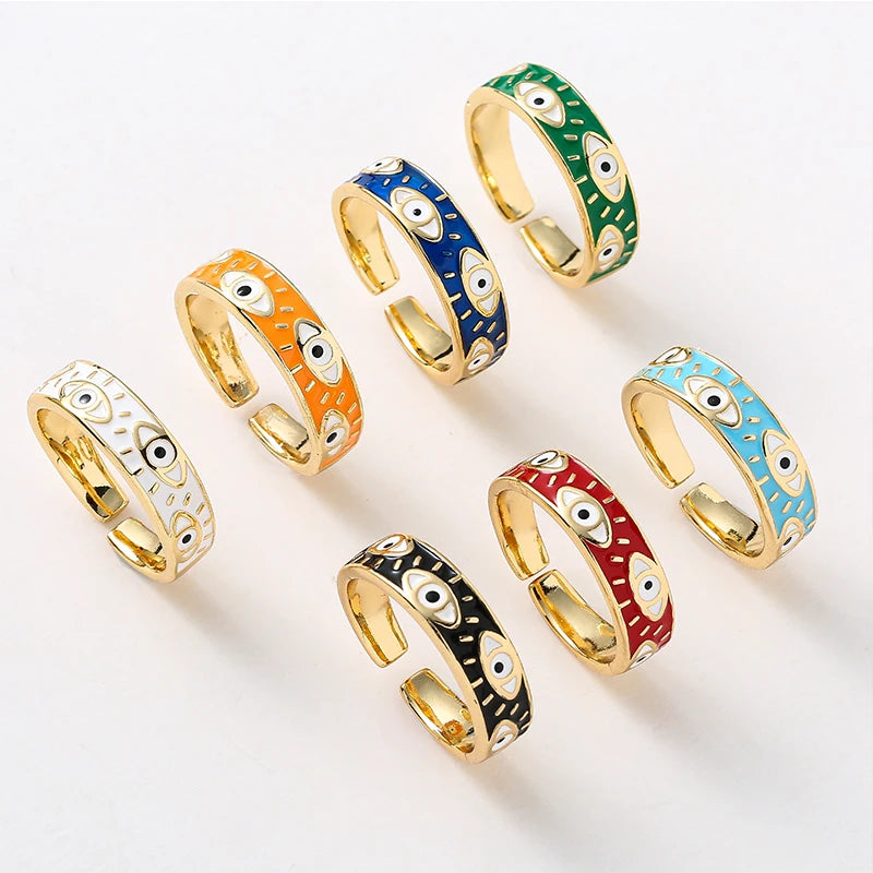 7 Colors!  Aesthetic Evil Eye Finger Rings for Women Oil Dripping Stainless Steel Rings Adjustable Opening Ring Jewelry