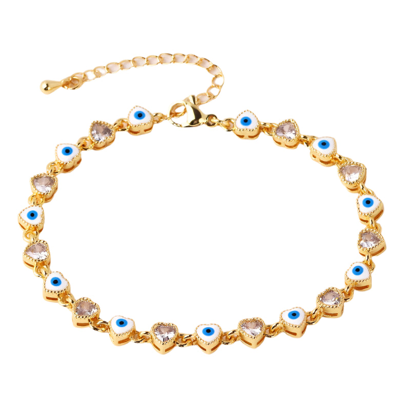 Heart Shaped 18K Gold Plated Colorful Evil Eye Charm Bracelet for Women Boho Lucky Copper Chain Adjustable Bracelet Summer Jewelry