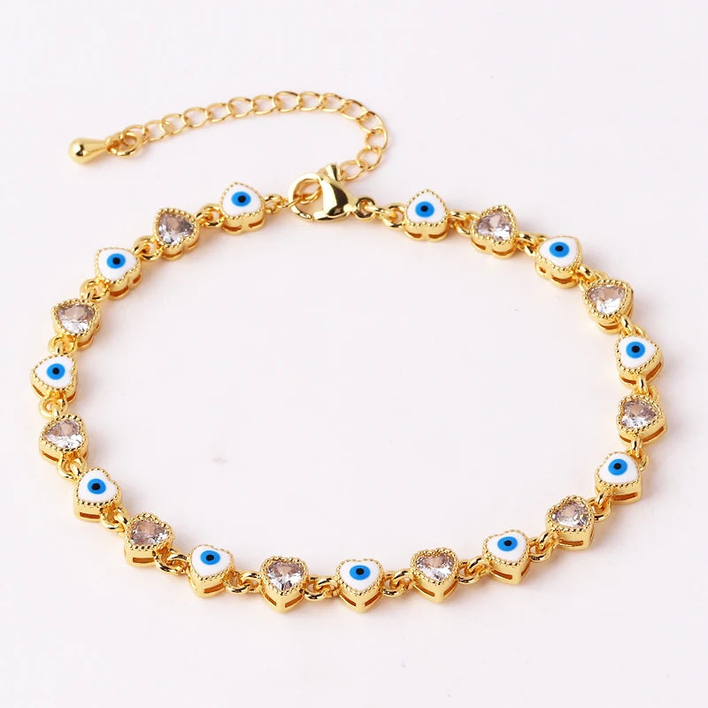 Heart Shaped 18K Gold Plated Colorful Evil Eye Charm Bracelet for Women Boho Lucky Copper Chain Adjustable Bracelet Summer Jewelry