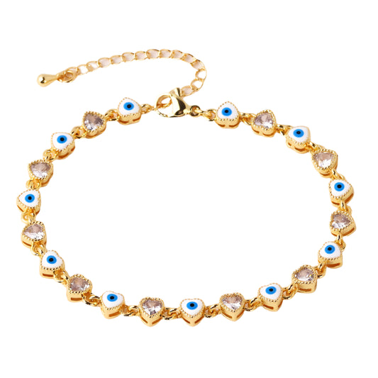 Heart Shaped 18K Gold Plated Colorful Evil Eye Charm Bracelet for Women Boho Lucky Copper Chain Adjustable Bracelet Summer Jewelry