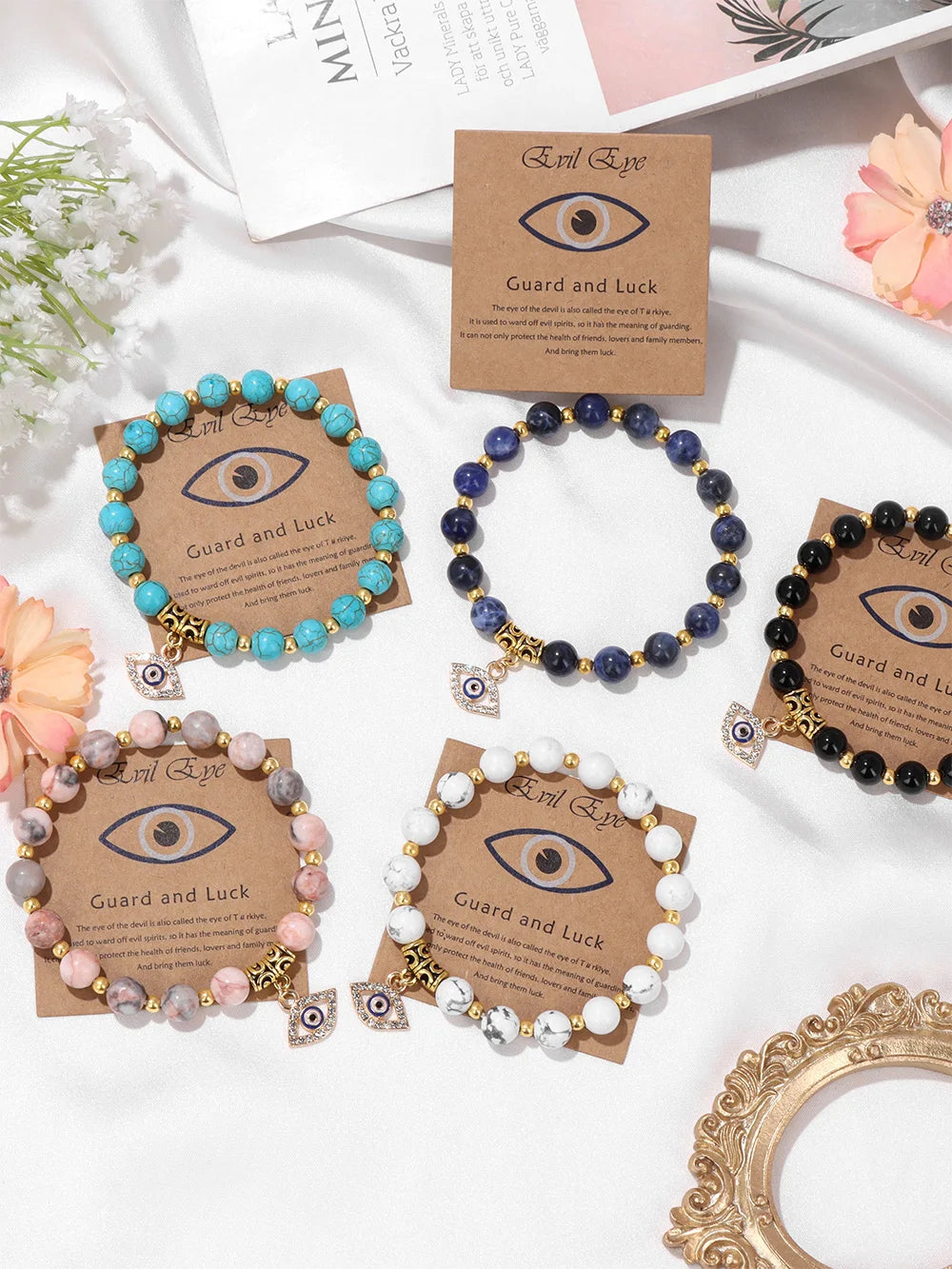 24 Color Options! 3 Size Options! Lucky Turkish Evil Eye Pendant Beads Bracelet Natural Stone With Card Charm Bangles Women