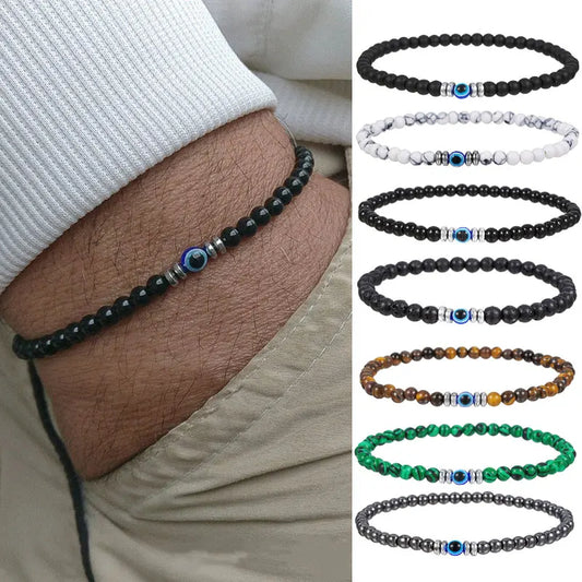 4mm Natural Stone Beads Bracelet for Men Lucky Turkish Blue Evil Eye Elastic Bracelet