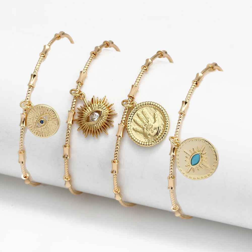 Lucky Eye Turkish Blue Evil Eye Bangle Copper Adjustable Fatima Hand Charm Cuff Bracelet for Women Girls Men Jewelry BE602