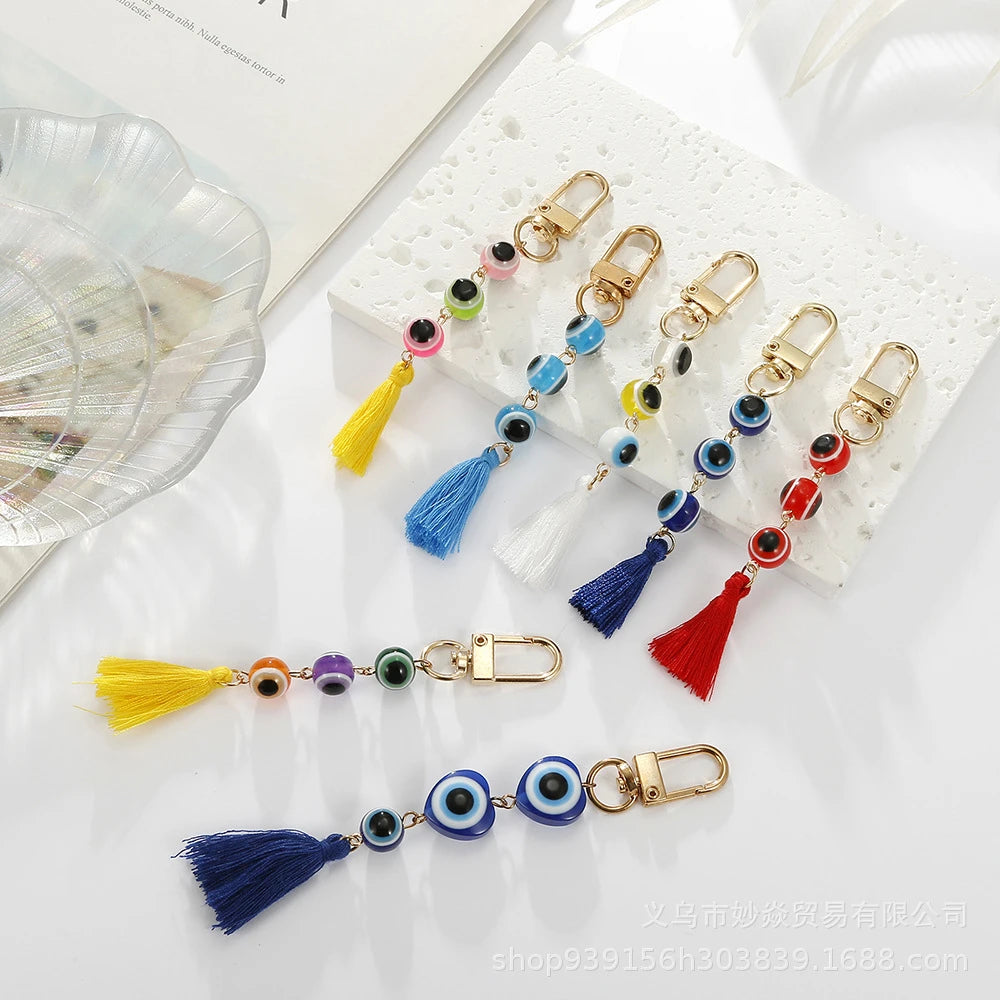 4 Colors! Unique Lucky Turkish Evil Eye Keychain Colorful Tassel Pendant Eye Keyring Car Keys Trinket