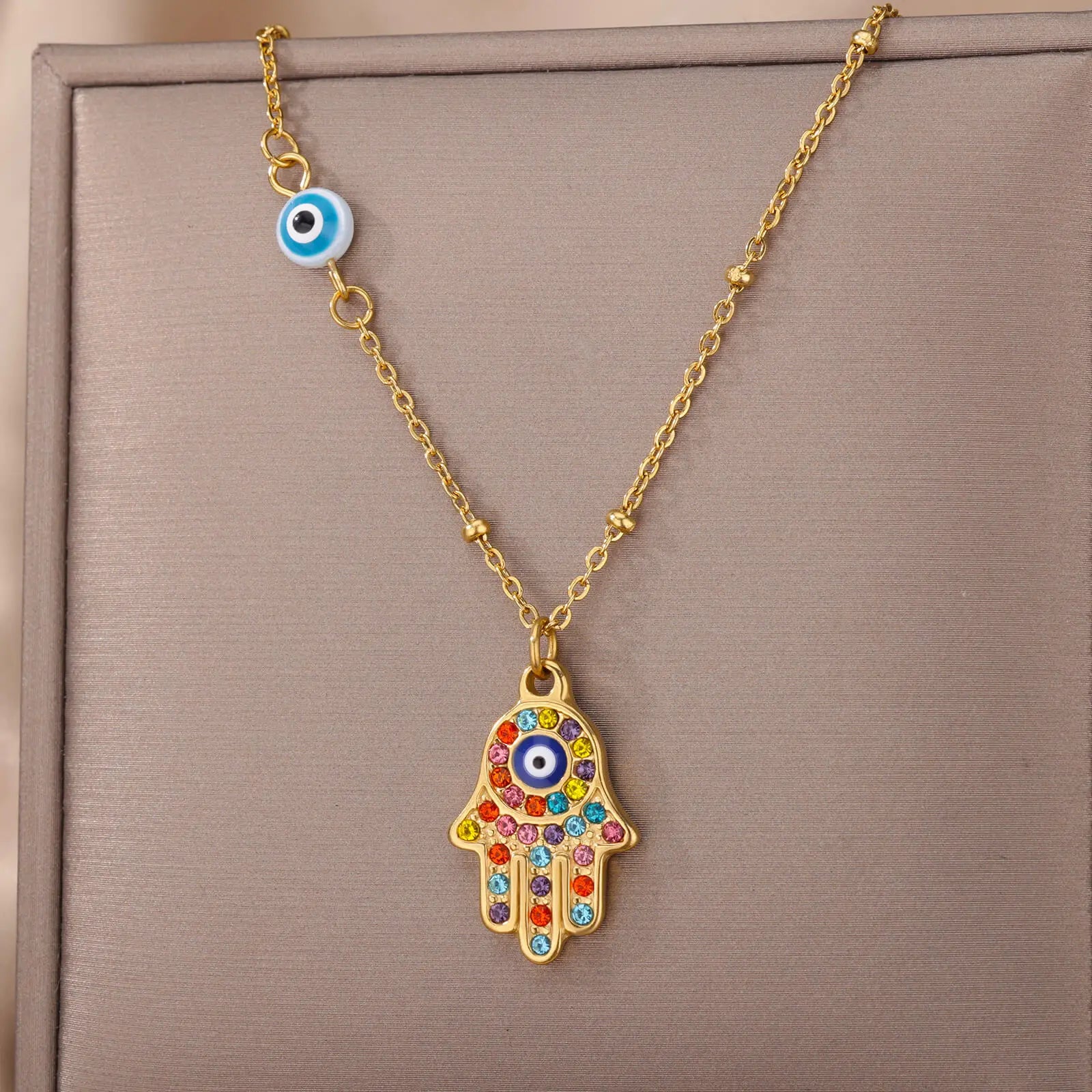 Silver or Gold Colorful Zircon Evil Eye Fatima Hand Chain Necklace For Women