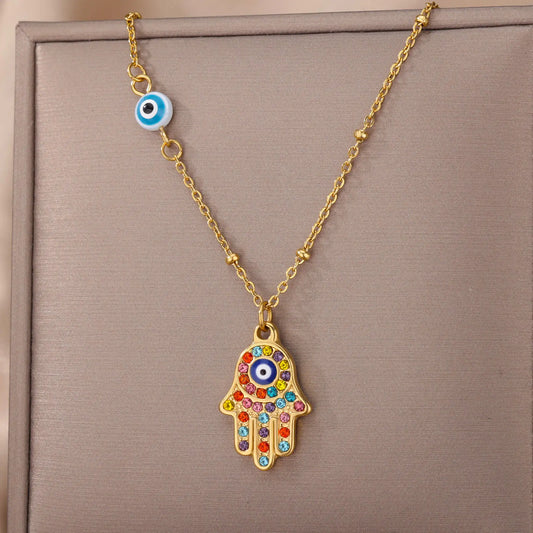 Silver or Gold Colorful Zircon Evil Eye Fatima Hand Chain Necklace For Women