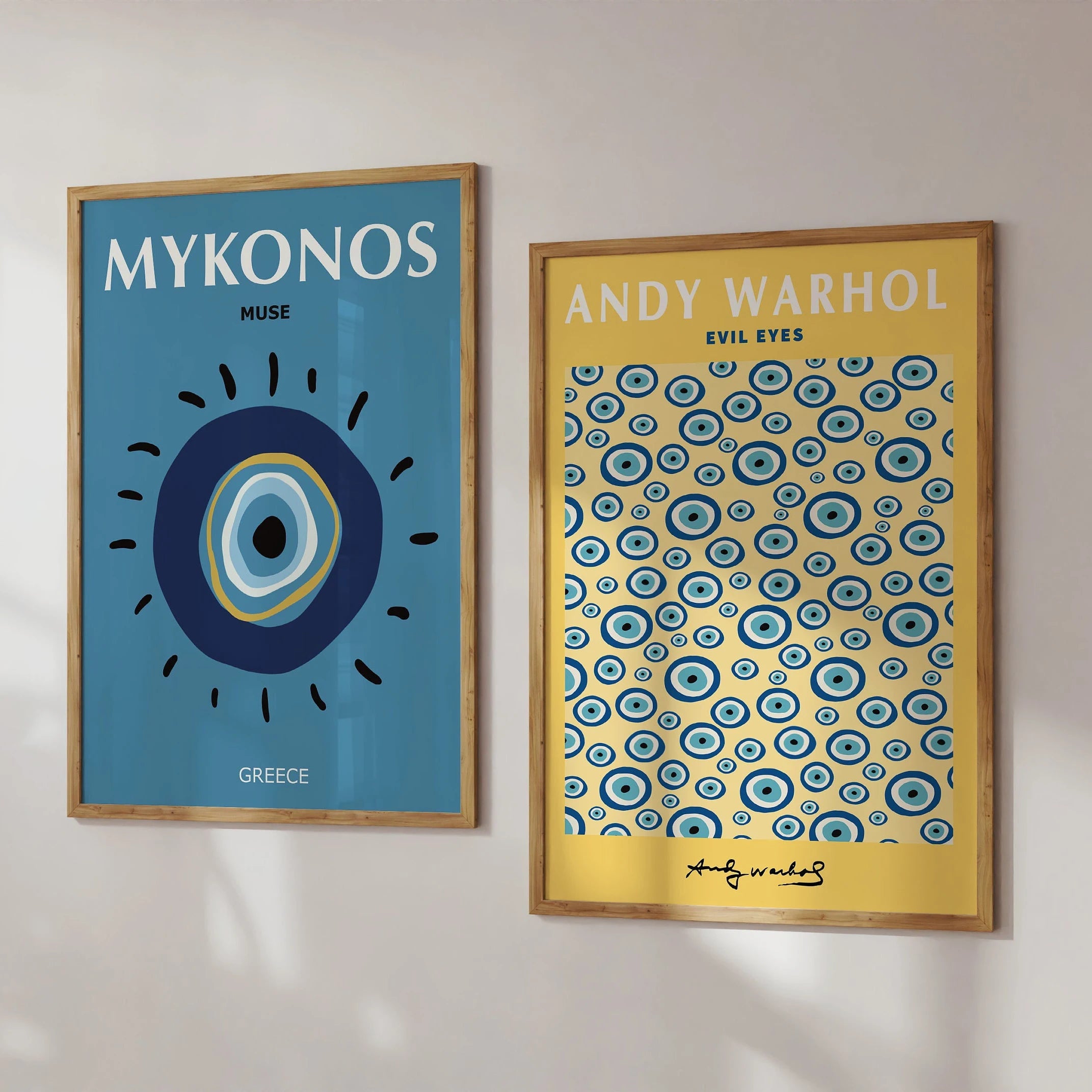 2 Styles, 14 Sizes! Evil Eye Abstract Art Print Poster Vintage Blue or Yellow Canvas Wall Picture