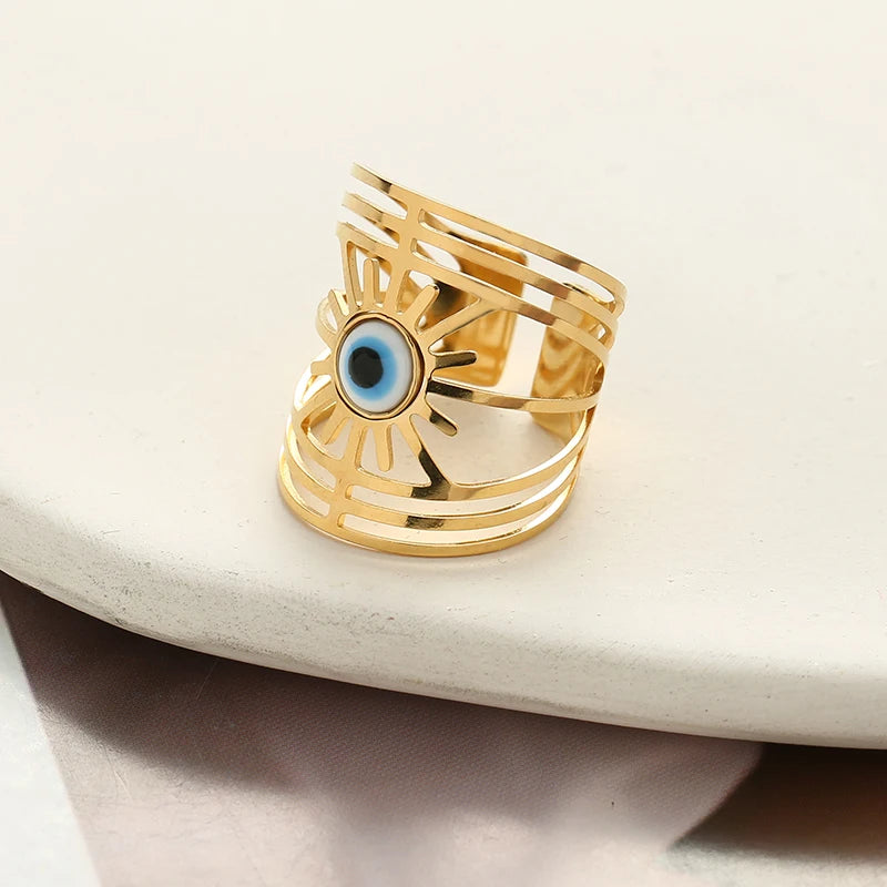 Large Evil Eye 14K Gold Plated Stainless Steel Rings Jewelry Wide