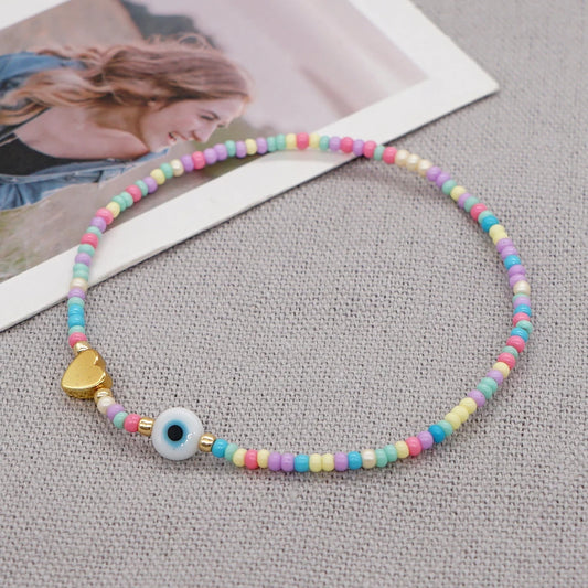 Kid's Rainbow Bead Bracelet Evil Eye Heart Jewelry Golden Heart White Glazed Evil Eye Colorful