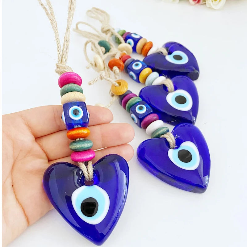 2 Styles! Lucky Evil Eye Glass Hand or Heart Shape Pendant Wall Hanging Keychain Braided Rope