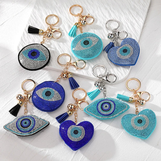 12 Styles! Sparkly Zircon Luxury Tassel Keychains Evil Eye Round Heart Blue Eye Key Rings