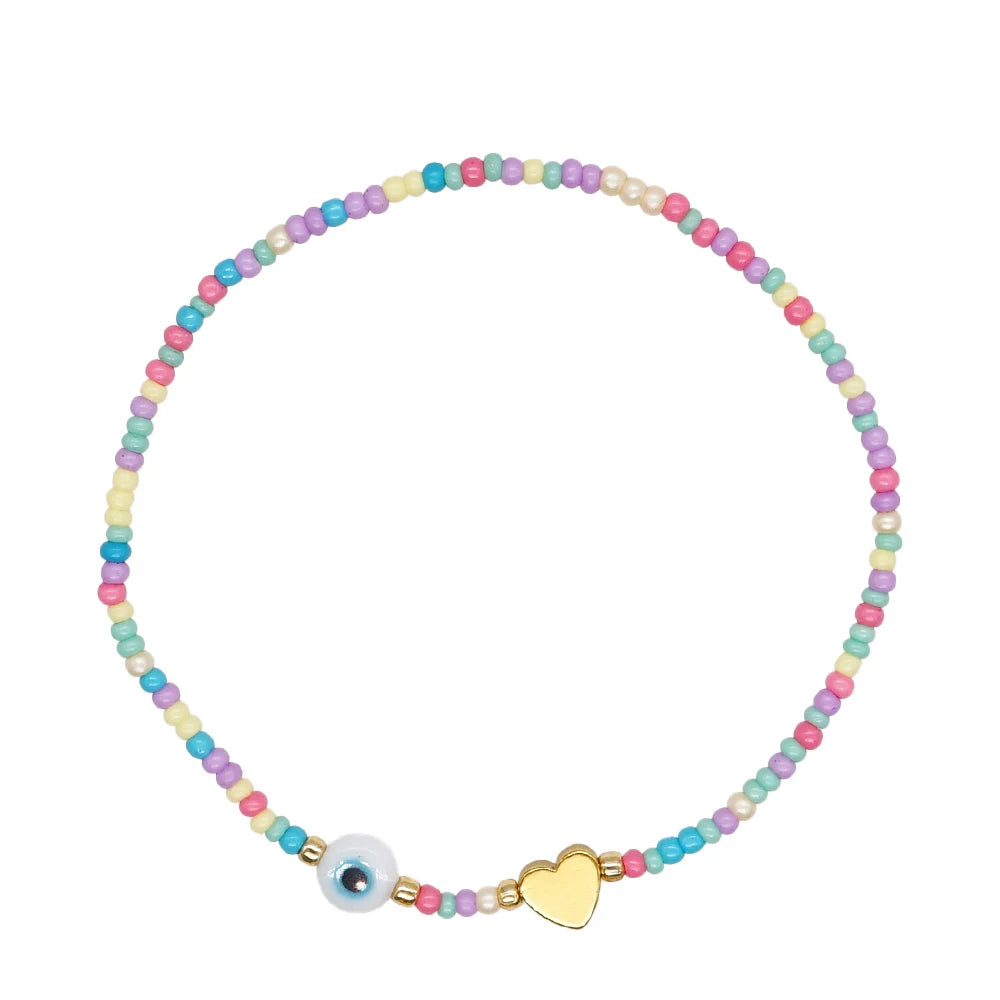 Kid's Rainbow Bead Bracelet Evil Eye Heart Jewelry Golden Heart White Glazed Evil Eye Colorful