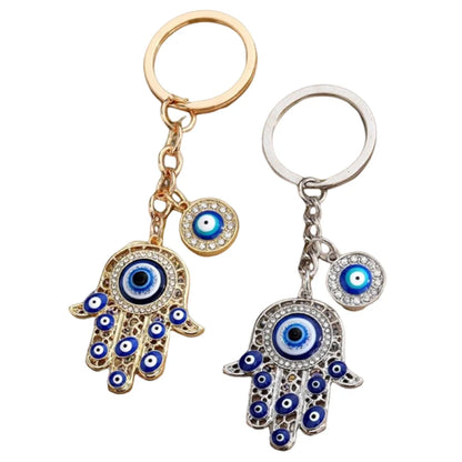 Gold or Silver Color! Evil Eyes Hand Shaped Keychains Exquisite Rhinestone Metal Keyrings for Women Car Handbag Phone Pendant