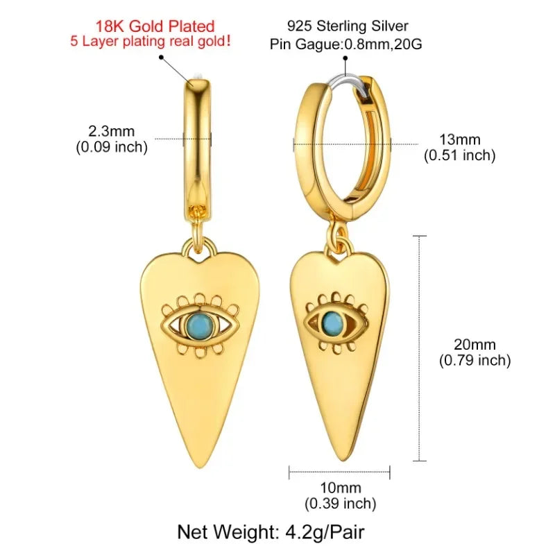 Gold Plated Elongated Heart with Evil Eye Dangle Hoop Earrings for Woman Girls