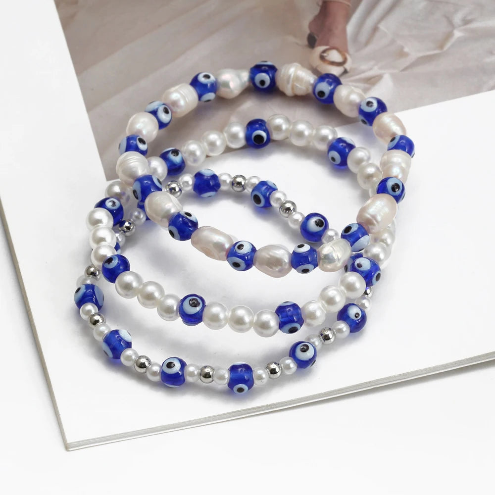 EVIL EYE Adjustable Imitation Pearl Blue Evil Eye Bead Bracelet Adjustable Copper Beaded Bracelet for Women Girls Men BE948
