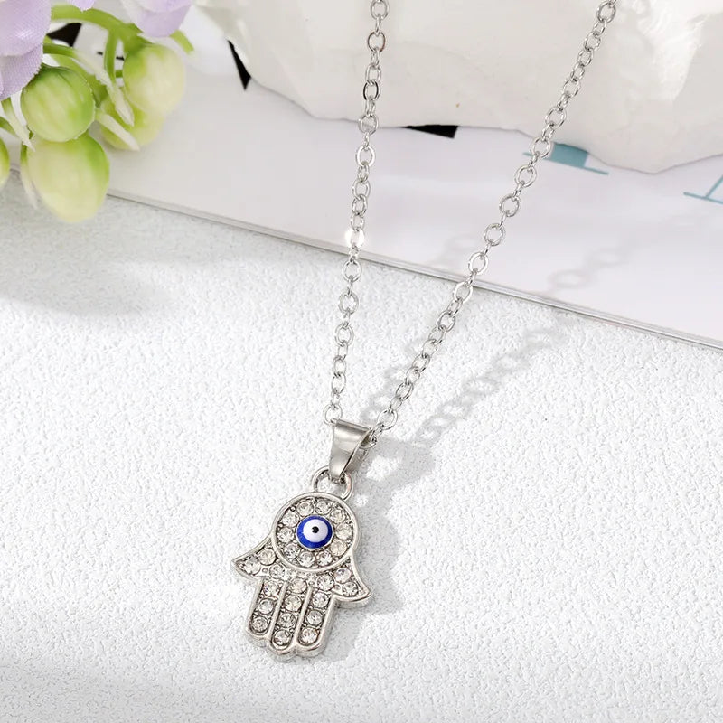 Silver or Gold Option! Evil Eye Pendant Necklace for Women Turkish Eye Fatima Hand Blue Eye Accent