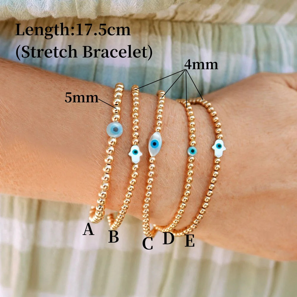 Vlen Lucky Evil Eye Bracelets Hamsa Hand Bracelet for Women 18 K Gold Plated Ball Beads Stretch Pulseras Protective Jewelry