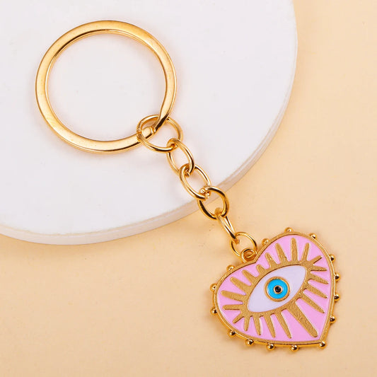 5 Colors! 2 Styles! Cute Colorful Alloy Enamel Heart Evil Eye Pendants Keychain For Women Girls