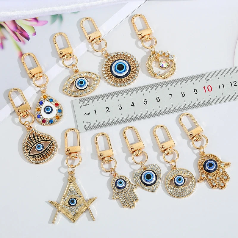 19 Style Collection! Glamorous Fashion Evil Eye Keychains Gold Silver Color Crystal Fatima Hasma Hand Charm Key Ring Accessories