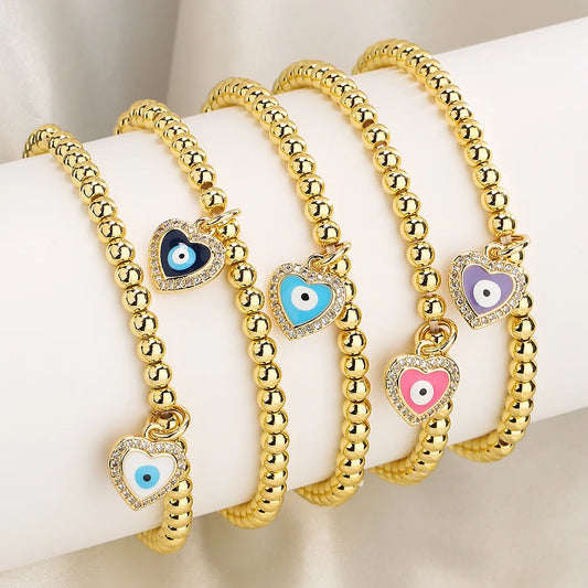 19 Styles! Trendy Gold Bead Colorful Evil Eye Charm Pendant Bracelet Bangle CZ Sparkly Bracelet Stack Stacking