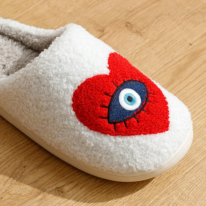 2 Styles! Trendy Cute Evil Eye Heart Slippers Warm Houseshoes Fuzzy Comfy Shoes