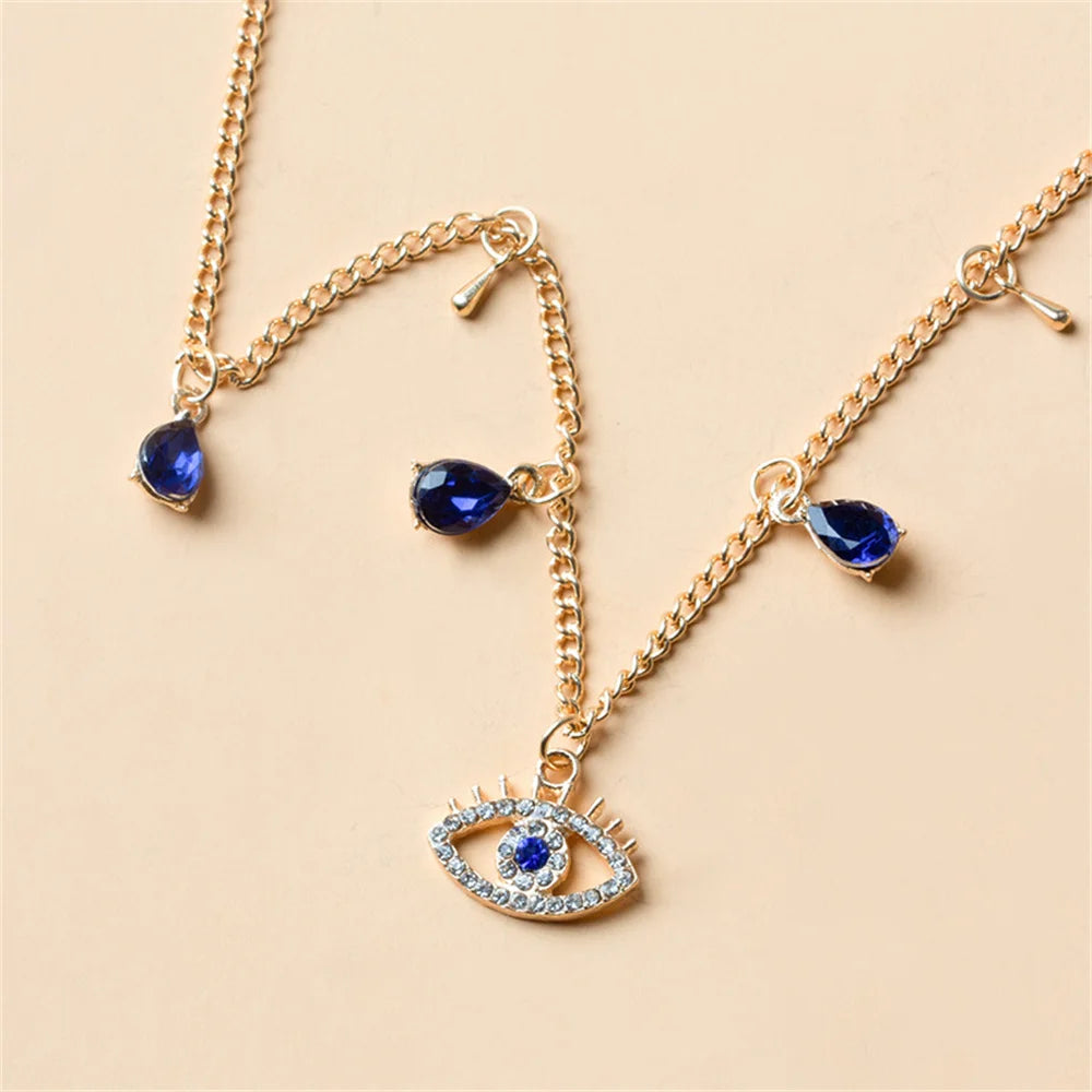 Silver or Gold Choker Necklace Crystal Blue Turkish Evil Eye Water Drop Pendant Necklace For Women