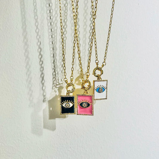 3 Colors, 2 Sizes! Trendy Colorful Evil Eye Tag  Necklace for Women, Gold Color Pink White Black Options