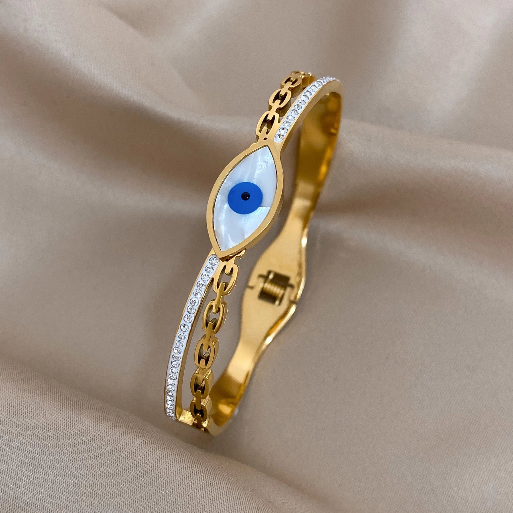 FLASHBUY Boho Evil Eye Stainless Steel Bangles Bracelets for Women Enamel Rhinestones Gold Plated Waterproof Fasion Jewelry Gift