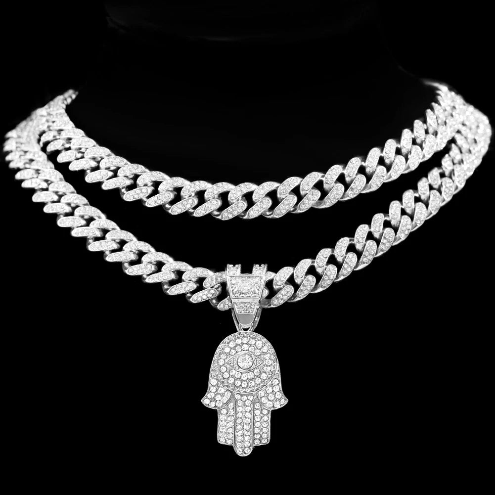 4 Styles of Chain, 2 Colors, 4 Lengths! Men's Unisex Crystal Hamsa Hand Evil Eye Pendant Zircon Necklace For Iced Out Cuban Link Chain Necklace Gold or Silver Color