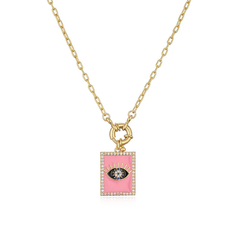 3 Colors, 2 Sizes! Trendy Colorful Evil Eye Tag  Necklace for Women, Gold Color Pink White Black Options