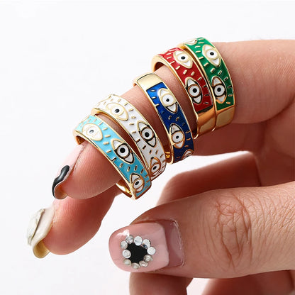 7 Colors!  Aesthetic Evil Eye Finger Rings for Women Oil Dripping Stainless Steel Rings Adjustable Opening Ring Jewelry