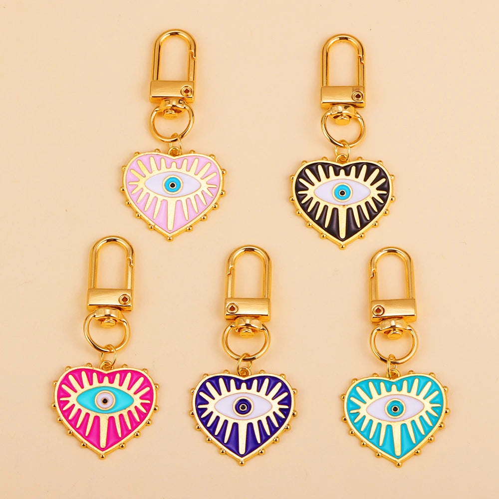 12 Color Combos! Beautiful Alloy Key Chains Rotating Clasp Keyring Evil Blue Eye Love Heart Pendant Keychain or Purse Decoration