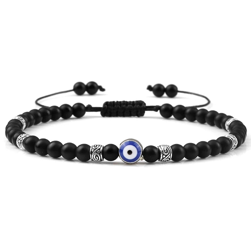 7 Colors! Adjustable Evil Eye Bracelet 4mm Natural Lava Stone and Metal Beads Handmade Braided Bracelet for Men Unisex