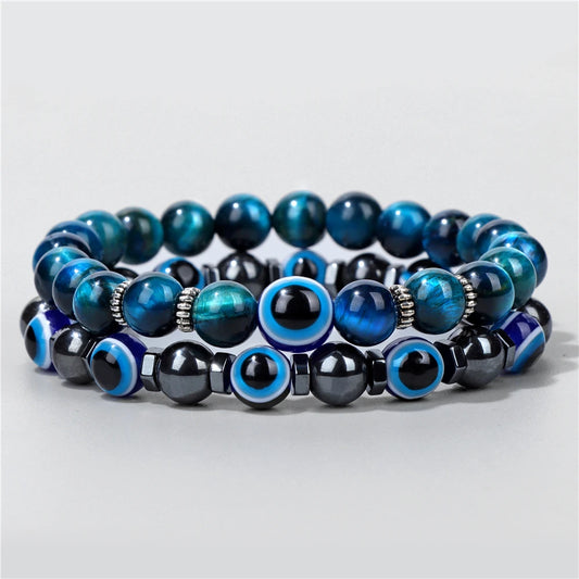 19 Colors and 3 Sizes to Choose From! 2 Pack or Single Layered Lucky Evil Eye Beads Bracelet Natural Stone Lava Hematite Set Multilayer Bracelets Men Unisex