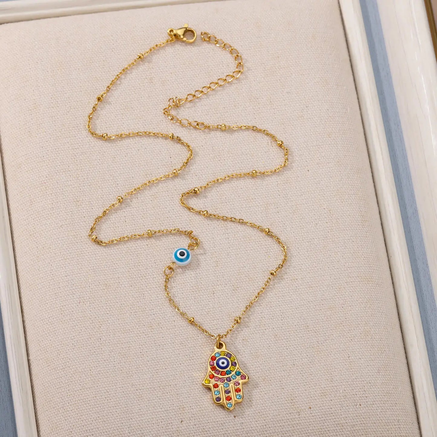 Silver or Gold Colorful Zircon Evil Eye Fatima Hand Chain Necklace For Women