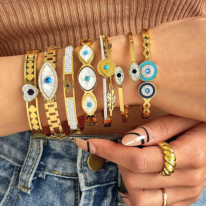 FLASHBUY Boho Evil Eye Stainless Steel Bangles Bracelets for Women Enamel Rhinestones Gold Plated Waterproof Fasion Jewelry Gift