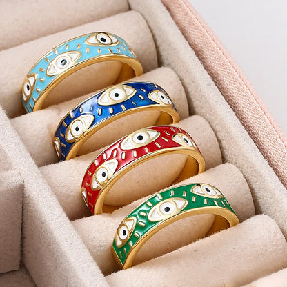 7 Colors!  Aesthetic Evil Eye Finger Rings for Women Oil Dripping Stainless Steel Rings Adjustable Opening Ring Jewelry