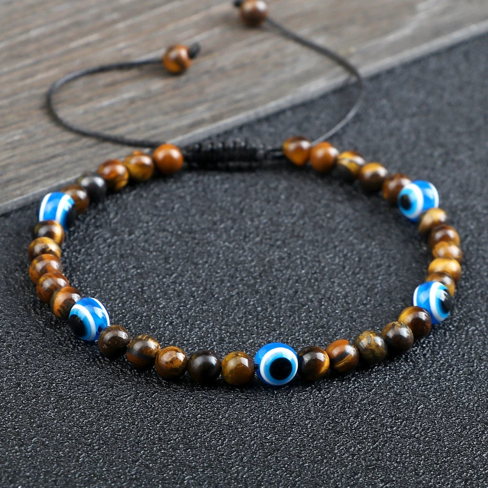 13 Colors! Adjustable Turkish Evil Eye Bracelets 4mm Natural Stone Beads Handmade Braided Men Obsidian Bracelet