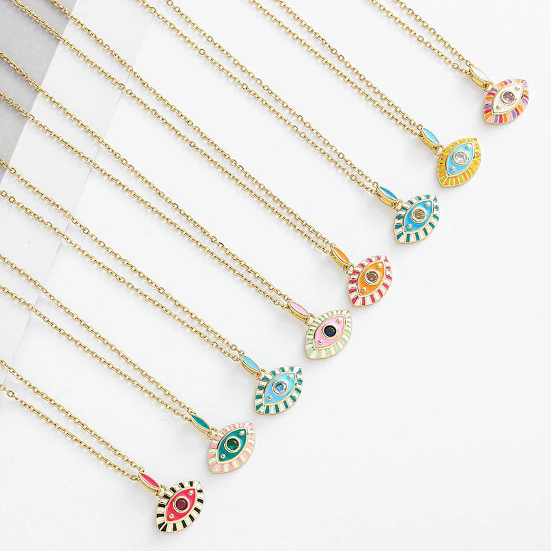 8 Colors! Colorful Enamel Evil Eye Pendant Necklace Women Eye Shape Choker Gold Color