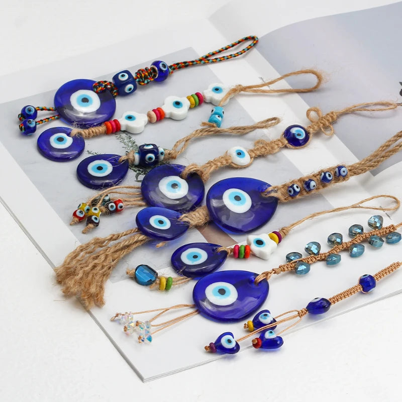 14 Style Collection! Evil Eye Braided Rope Cross Heart Tassel Wall Hanger Handmade Glass Pendant