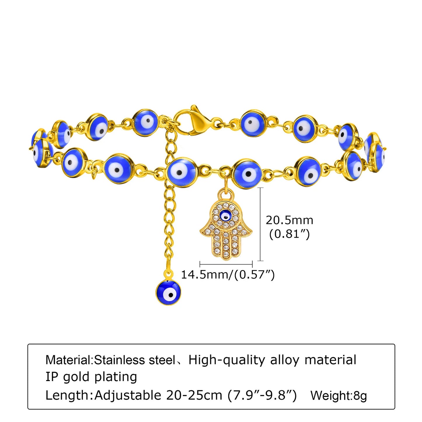 Bohemia Fatima Hamsa Hand Evil Blue Eye Charm Anklet for Women, Gold Color Stainless Steel Chains Adjustable Foot Ankle