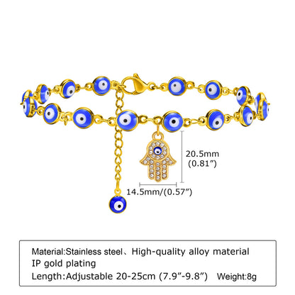 Bohemia Fatima Hamsa Hand Evil Blue Eye Charm Anklet for Women, Gold Color Stainless Steel Chains Adjustable Foot Ankle