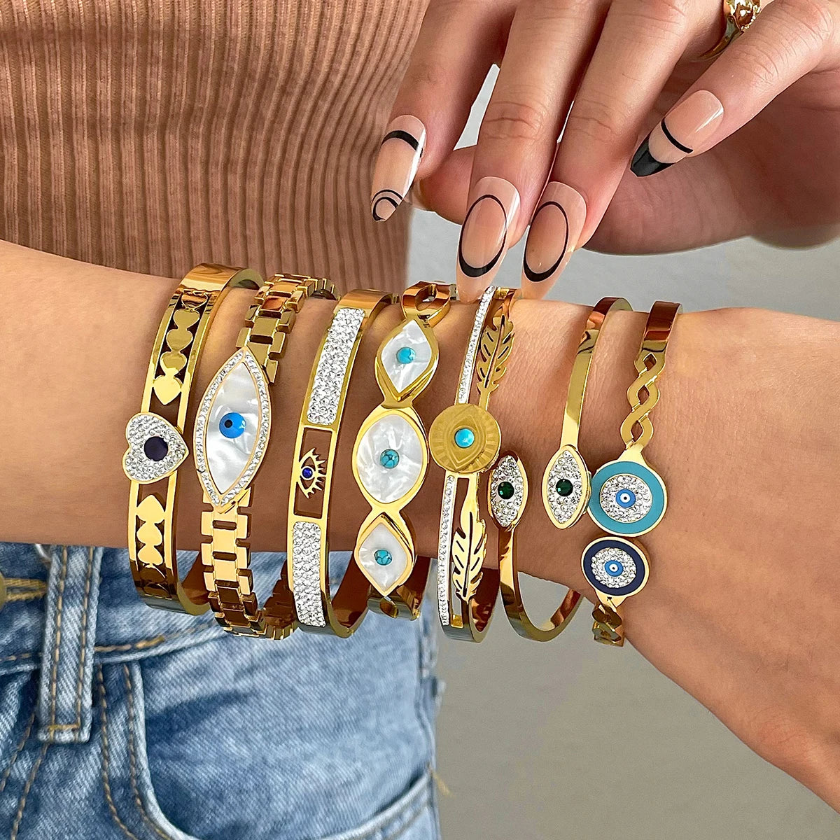 FLASHBUY Boho Evil Eye Stainless Steel Bangles Bracelets for Women Enamel Rhinestones Gold Plated Waterproof Fasion Jewelry Gift
