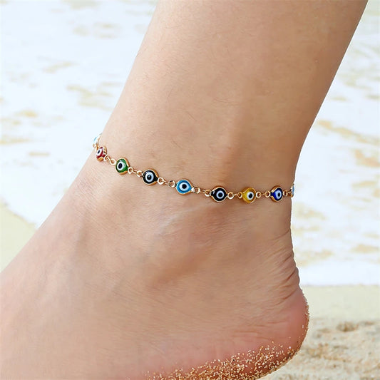 5 Colors! Lucky Evil Eye Anklet For Women Colorful Resin Beads Adjustable Metal Chain