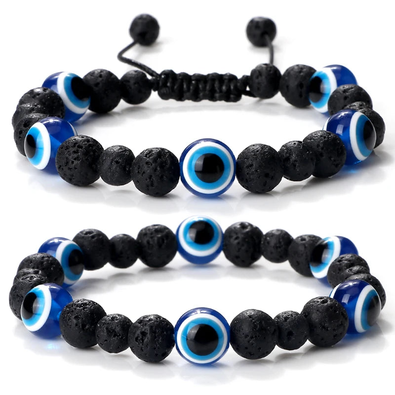 6 Variations! Men's Unisex Black Matte Lava Beads Bracelet Turkish Lucky Evil Eye Stone Obsidian Onyx