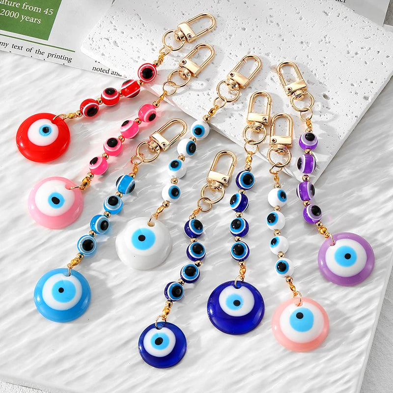 8 Styles! Colored Round Beads Evil Eye Gold Color Keychains Tassel Car Key Ring