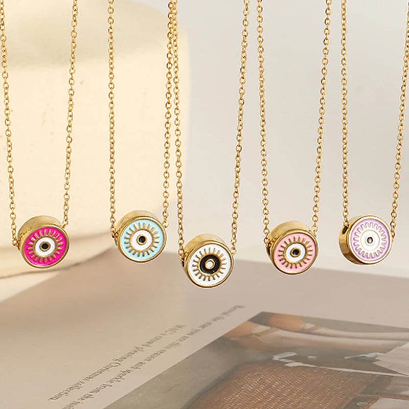 6 Colors! Bohemia Round Evil Blue Eyes Pendant Necklaces for Women Enamel Colorful on a Gold Chain