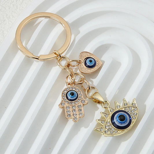 3 Styles! Hand Hearts Evil Eyes Key Rings Keychains Gold, Blue, Zircon