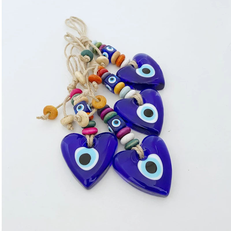 2 Styles! Lucky Evil Eye Glass Hand or Heart Shape Pendant Wall Hanging Keychain Braided Rope