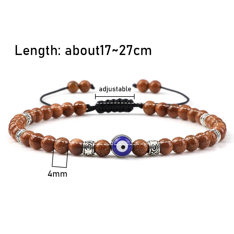 7 Colors! Adjustable Evil Eye Bracelet 4mm Natural Lava Stone and Metal Beads Handmade Braided Bracelet for Men Unisex